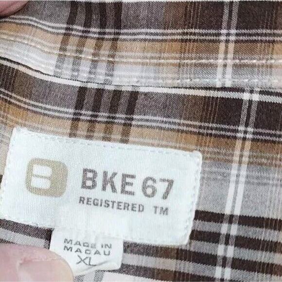 VINTAGE BKE 67 Mens Button Up Shirt Long Sleeve Size XL Brown White Plaid - Picture 4 of 4